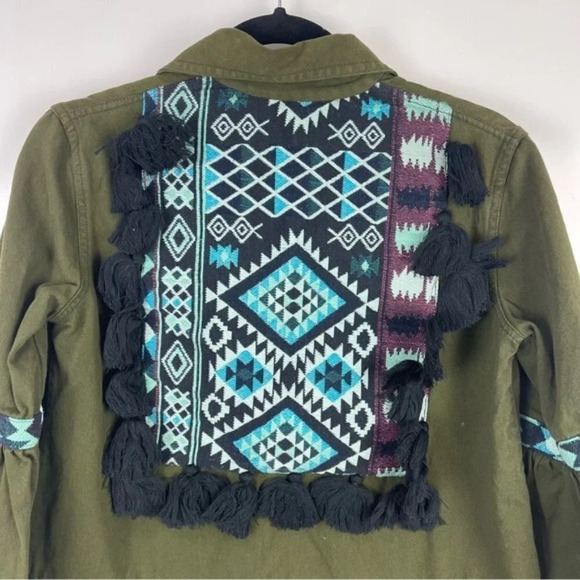 Anthropologie Beautiful Stories Green Aztec Fringe Boho Inika Jacket Size XS - Picture 3 of 9